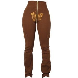 Brown butterfly zip pants